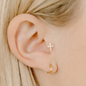 14k Gold Tragus Cross Earring - Cubic Zirconia Cross
