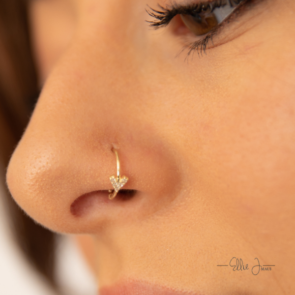 Diamond Heart Nose Hoop in 14k Gold CZ, 8MM 20 Gauge