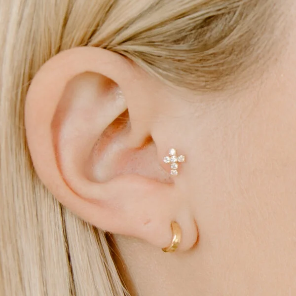 14k CZ, Tiny Cross, Tragus Earrings, Cartilage, Screw Back