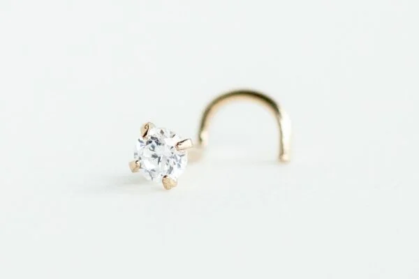 Cubic Zirconia Nose Stud Solid 14k Gold Ring in Curved/Straight